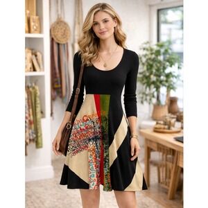 Poramita Artsy Patchwork Dress S Black Graphic Graffiti Colorblock Boho Indie